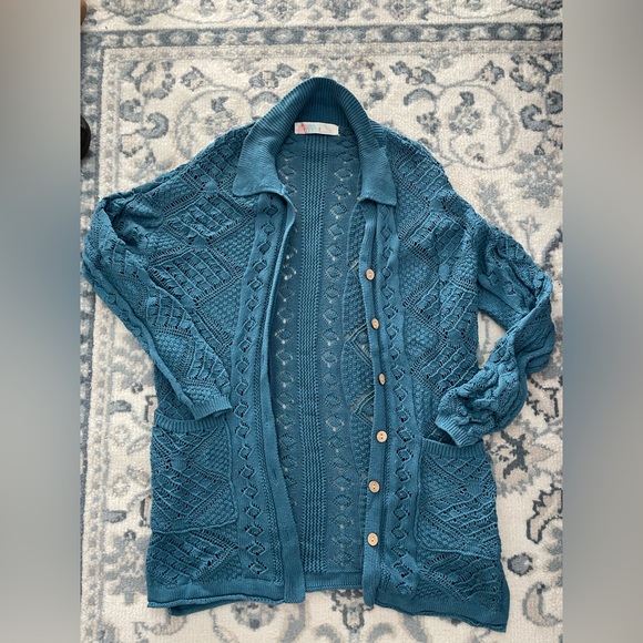 Free People Beach XS Get Away Crochet Knit Cardi Top Teal - Picture 1 of 6